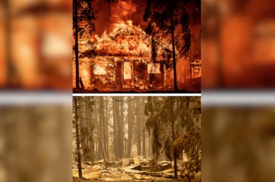 加州野火前后：照片顯示了2021年8月5日（上圖）和8月6日燒毀后的房屋（下圖）